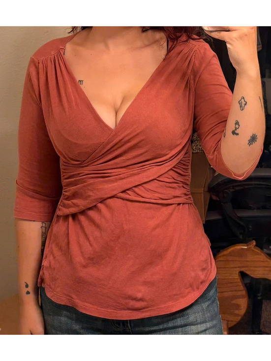 Hem Tops - Pink Coral Quarter Sleeve Y2K CrossOver V Neck Top